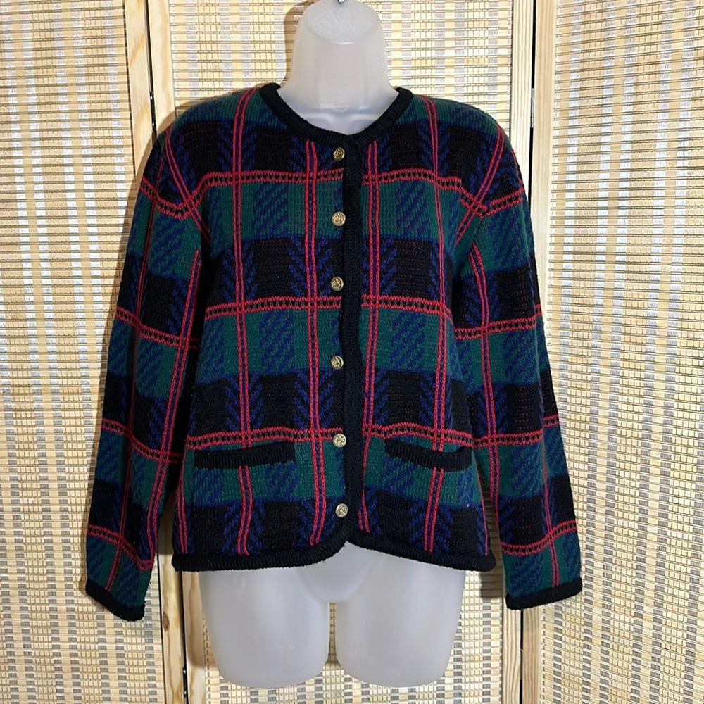 Tally Ho Vintage 1990s Y2K Plaid Tartan Button Down Cardigan Sweater Wool Medium